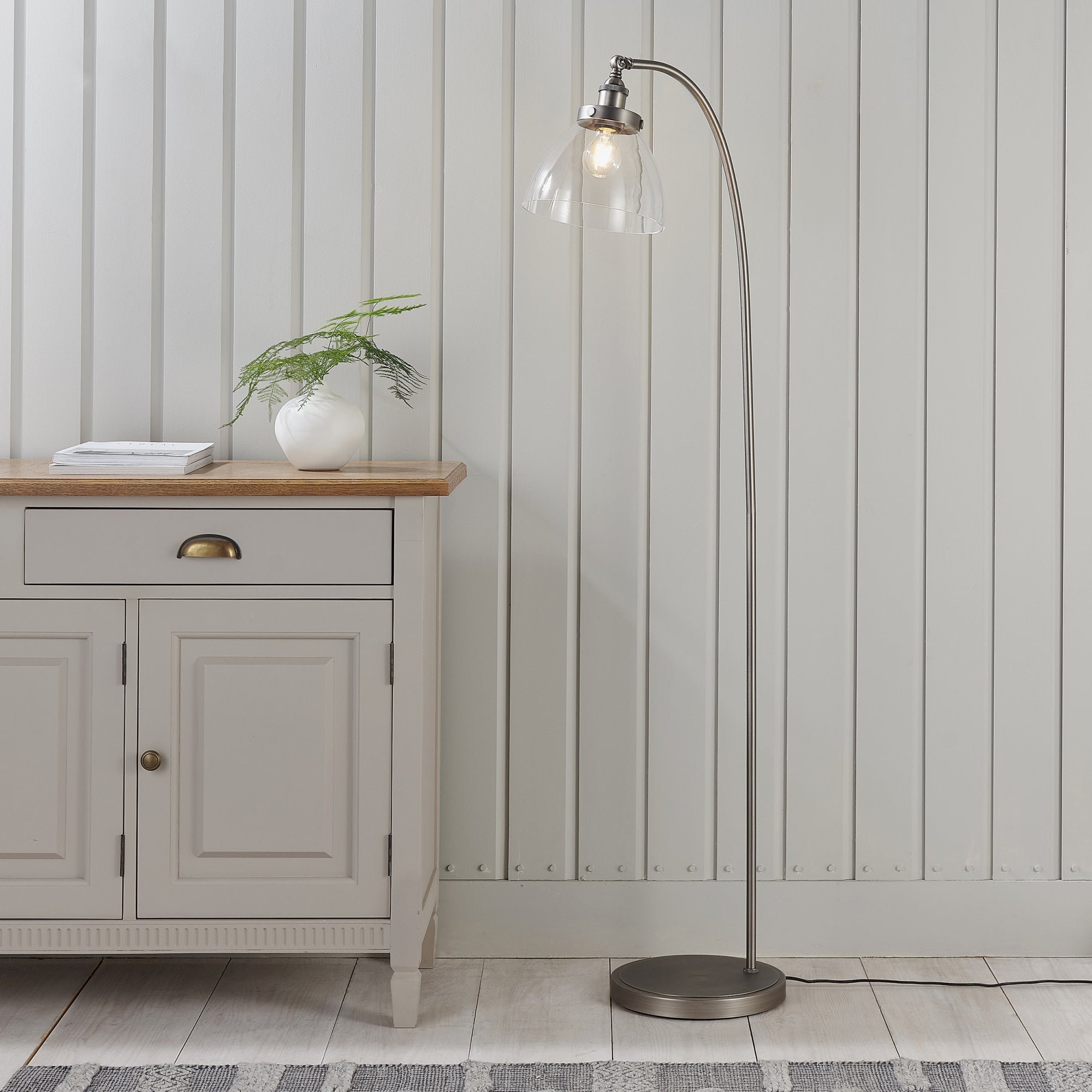 Hansen Retro Floor Lamp In Brushed Silver With Clear Glass Shade 91741