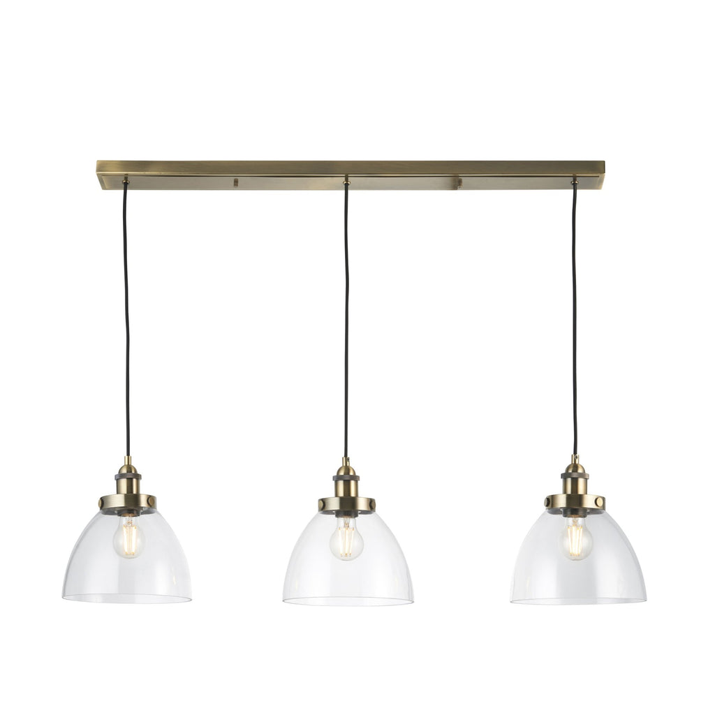 Hansen Retro 3 Light Linear Ceiling Pendant In Antique Brass With Clear Glass Shade 98114