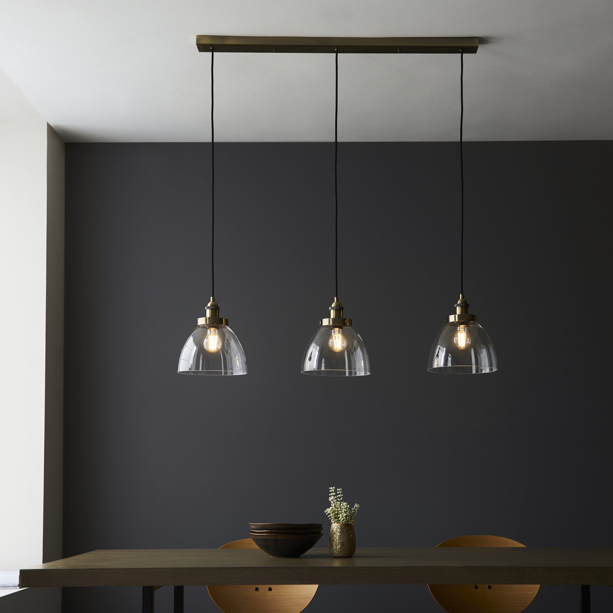 Hansen Retro 3 Light Linear Ceiling Pendant In Antique Brass With Clear Glass Shade 98114