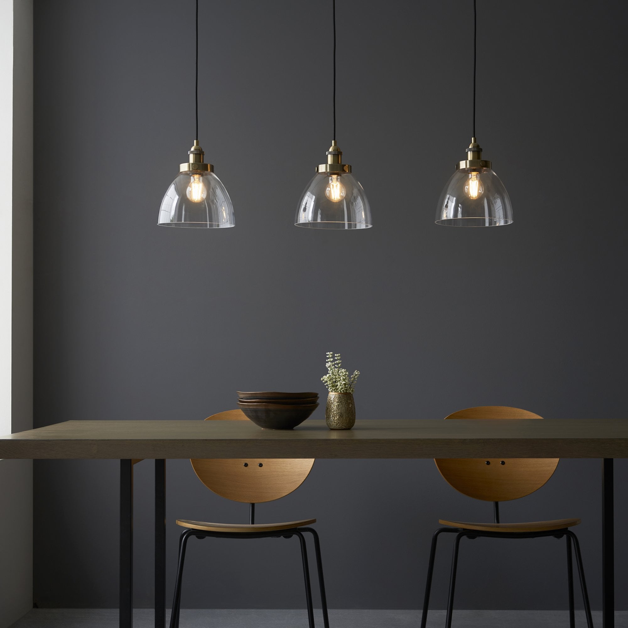 Hansen Retro 3 Light Linear Ceiling Pendant In Antique Brass With Clear Glass Shade 98114