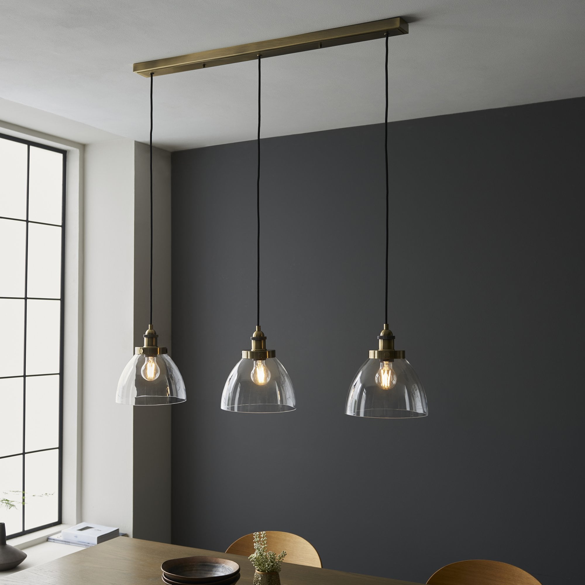 Hansen Retro 3 Light Linear Ceiling Pendant In Antique Brass With Clear Glass Shade 98114