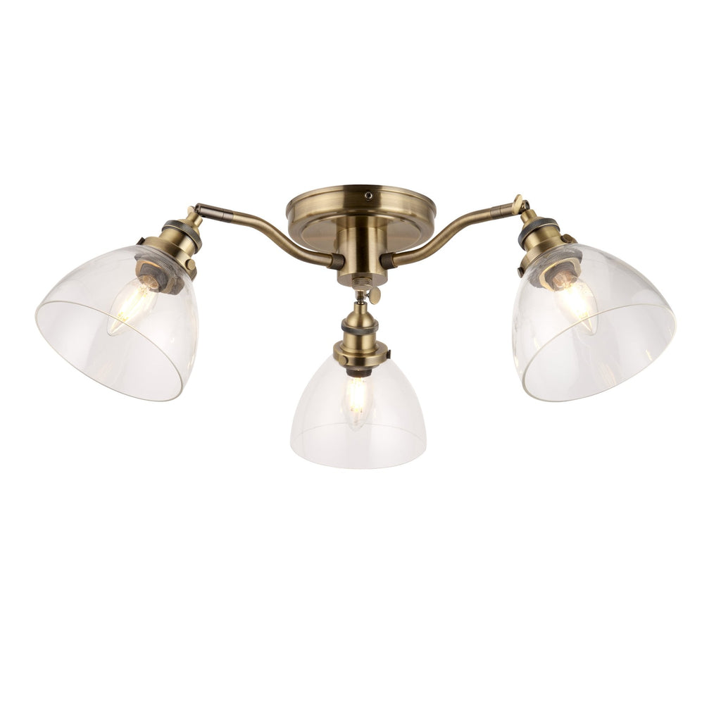 Hansen Retro 3 Light Semi Flush Ceiling Light In Antique Brass With Clear Glass Shades 97247