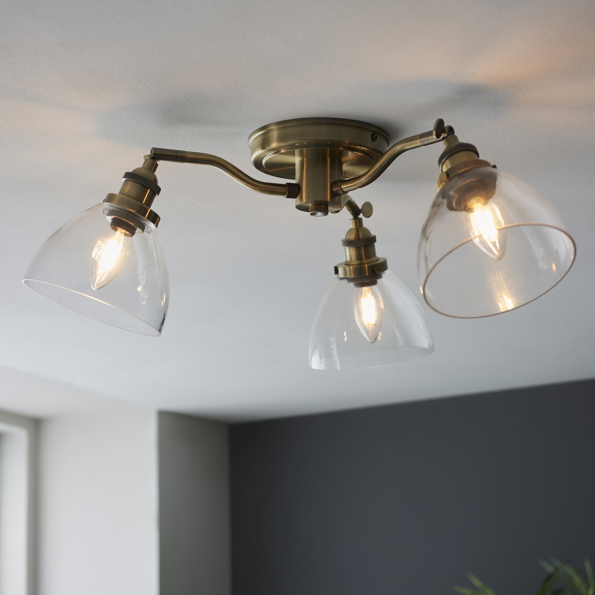 Hansen Retro 3 Light Semi Flush Ceiling Light In Antique Brass With Clear Glass Shades 97247