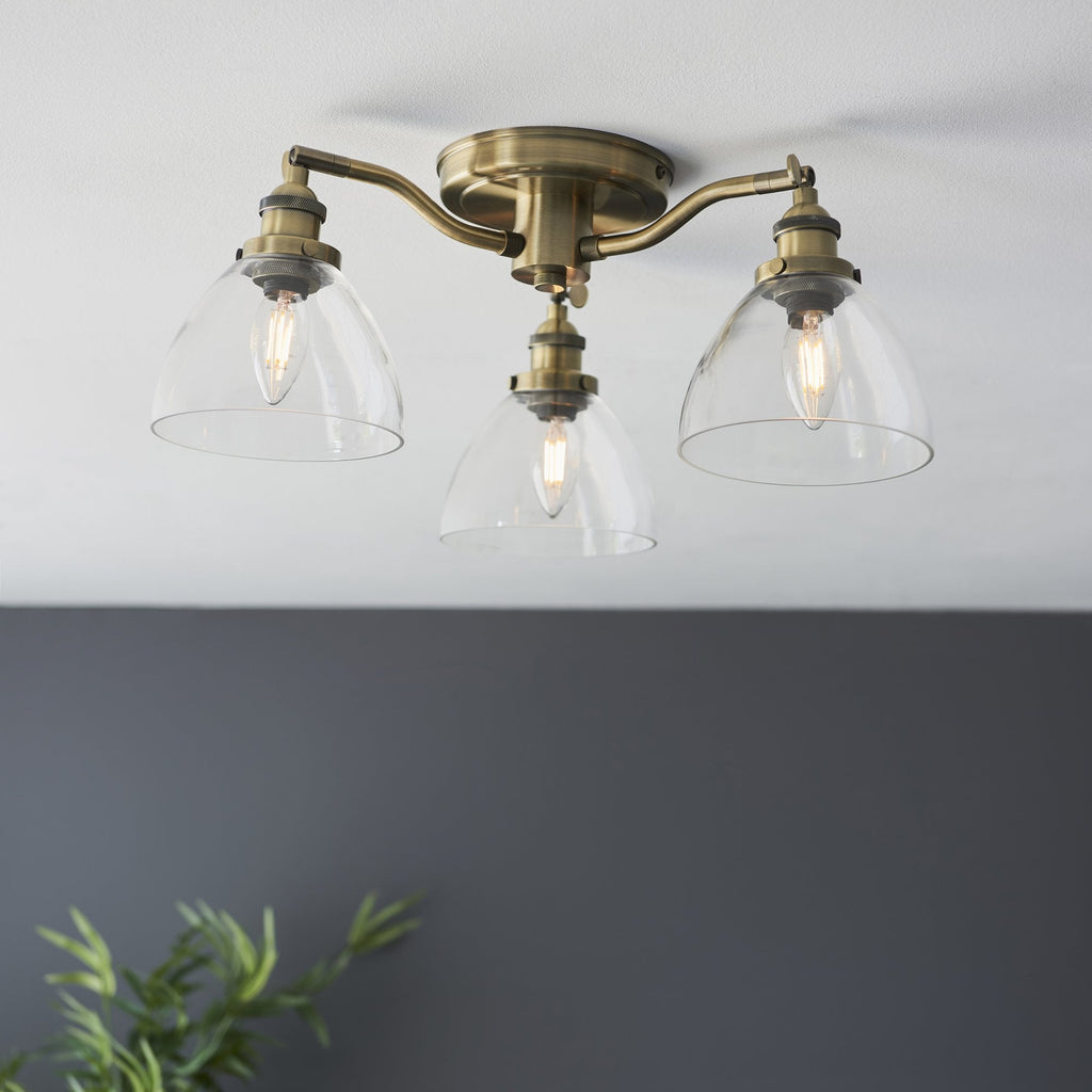 Hansen Retro 3 Light Semi Flush Ceiling Light In Antique Brass With Clear Glass Shades 97247