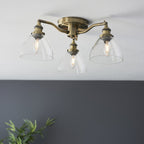 Hansen Retro 3 Light Semi Flush Ceiling Light In Antique Brass With Clear Glass Shades 97247