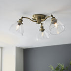Hansen Retro 3 Light Semi Flush Ceiling Light In Antique Brass With Clear Glass Shades 97247