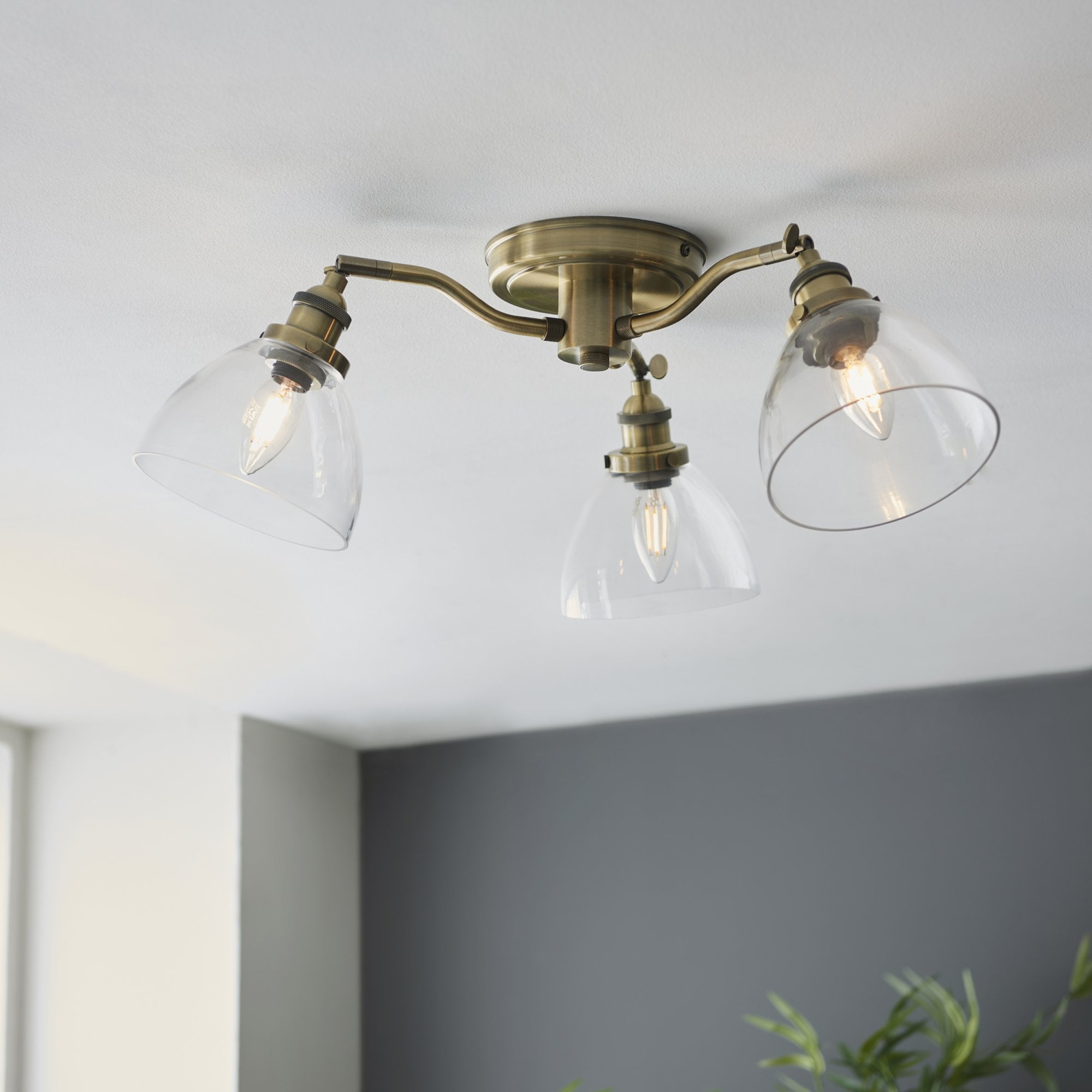 Hansen Retro 3 Light Semi Flush Ceiling Light In Antique Brass With Clear Glass Shades 97247