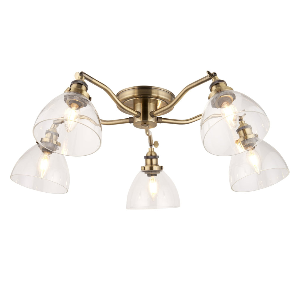 Hansen Retro 5 Light Semi Flush Ceiling Light In Antique Brass With Clear Glass Shades 97248