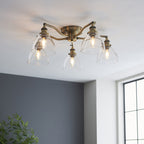 Hansen Retro 5 Light Semi Flush Ceiling Light In Antique Brass With Clear Glass Shades 97248