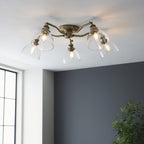 Hansen Retro 5 Light Semi Flush Ceiling Light In Antique Brass With Clear Glass Shades 97248