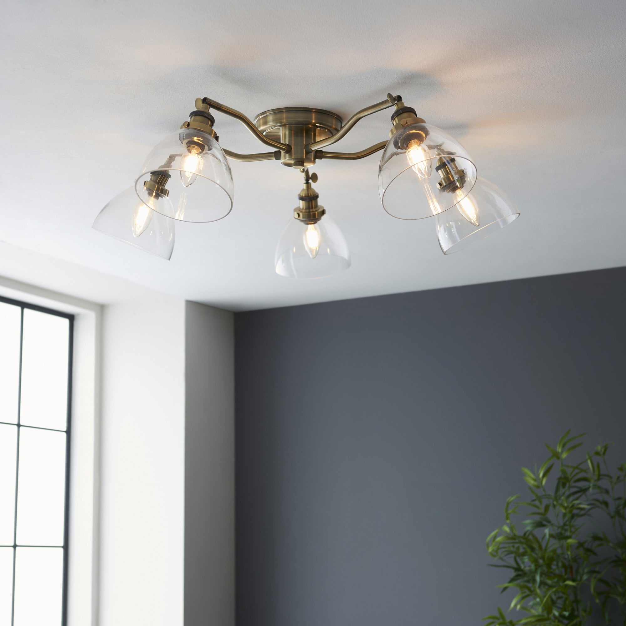 Hansen Retro 5 Light Semi Flush Ceiling Light In Antique Brass With Clear Glass Shades 97248