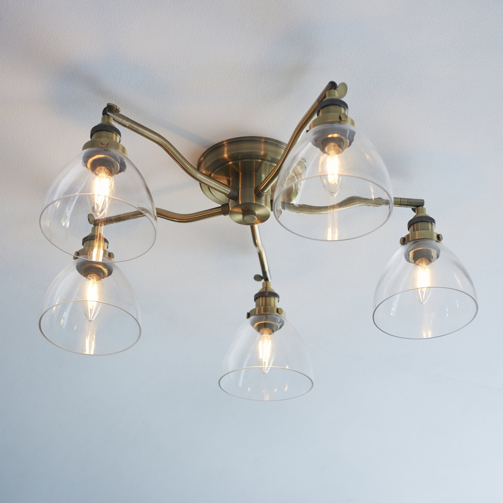 Hansen Retro 5 Light Semi Flush Ceiling Light In Antique Brass With Clear Glass Shades 97248