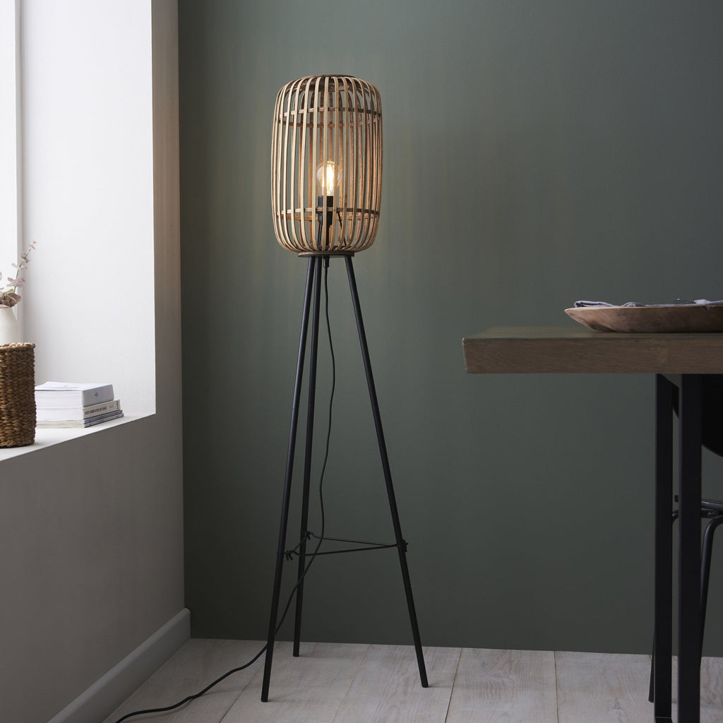 Mathias Floor Lamp In Matt Black Finish With Dark Bamboo Shade 101774