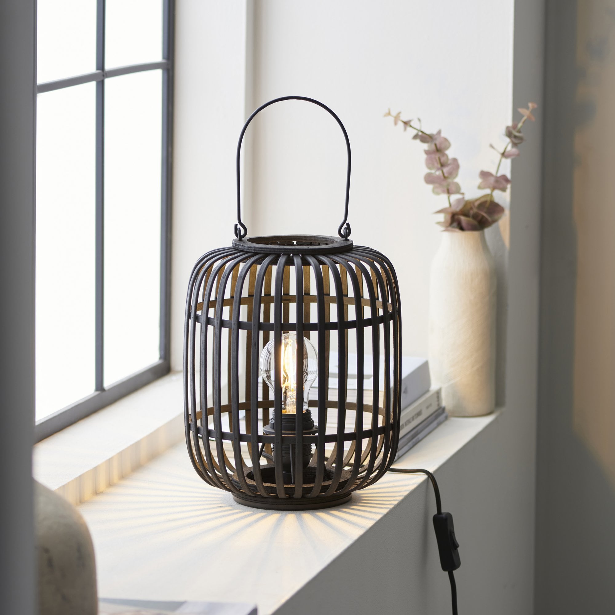 Mathias Table Lamp In Matt Black Finish With Dark Bamboo Shade 101674