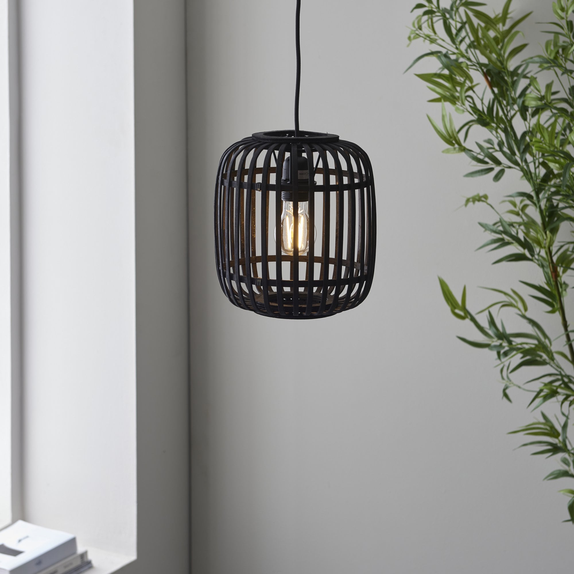 Mathias Ceiling Pendant Light In Matt Black Finish With Dark Bamboo Shade 101700