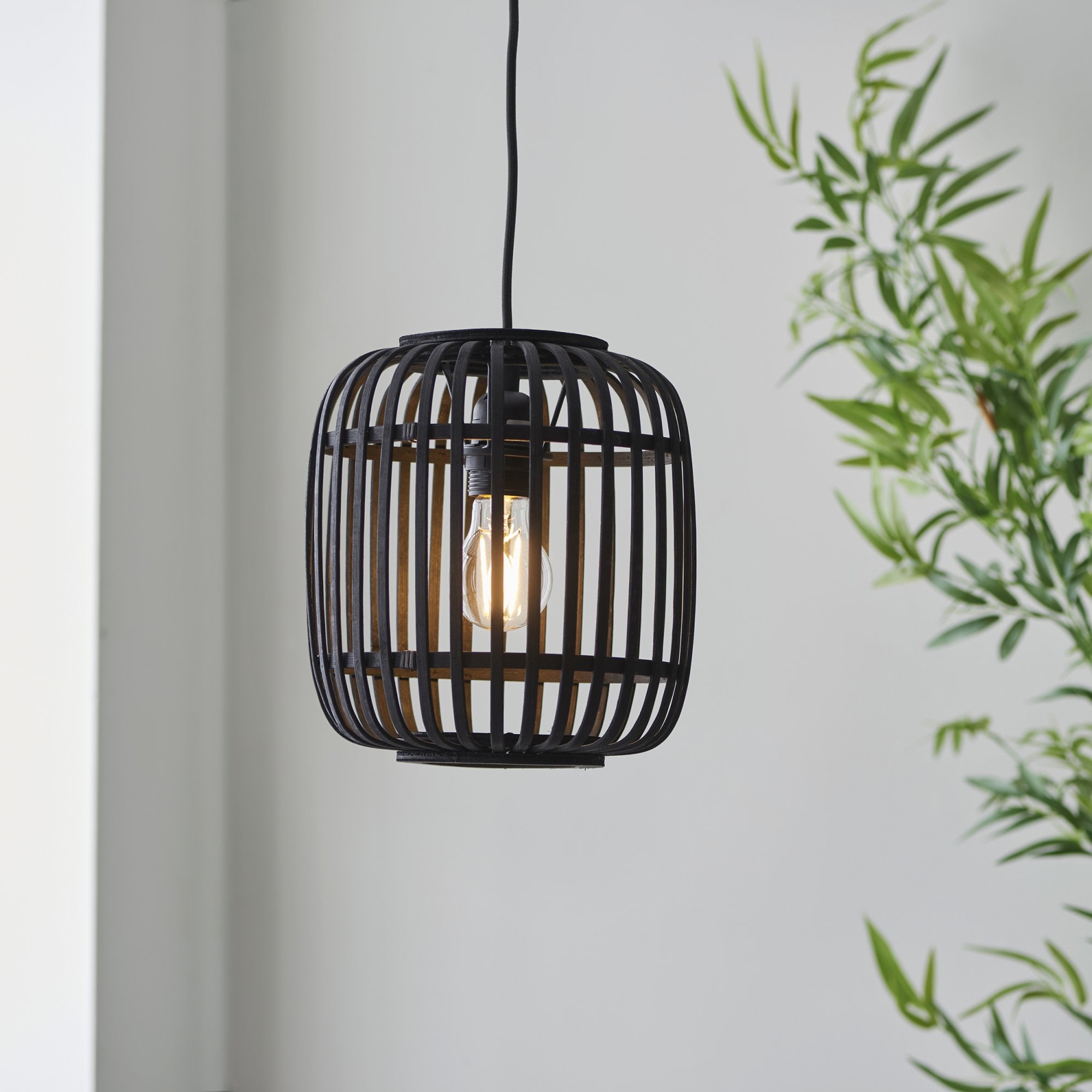 Mathias Ceiling Pendant Light In Matt Black Finish With Dark Bamboo Shade 101700