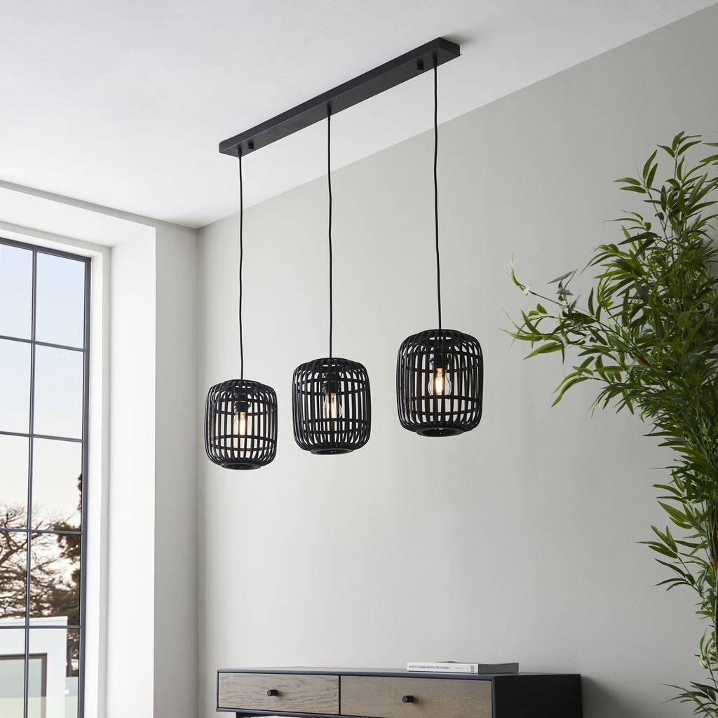 Mathias Linear Ceiling Pendant Light In Matt Black Finish With Dark Bamboo Shade 101698