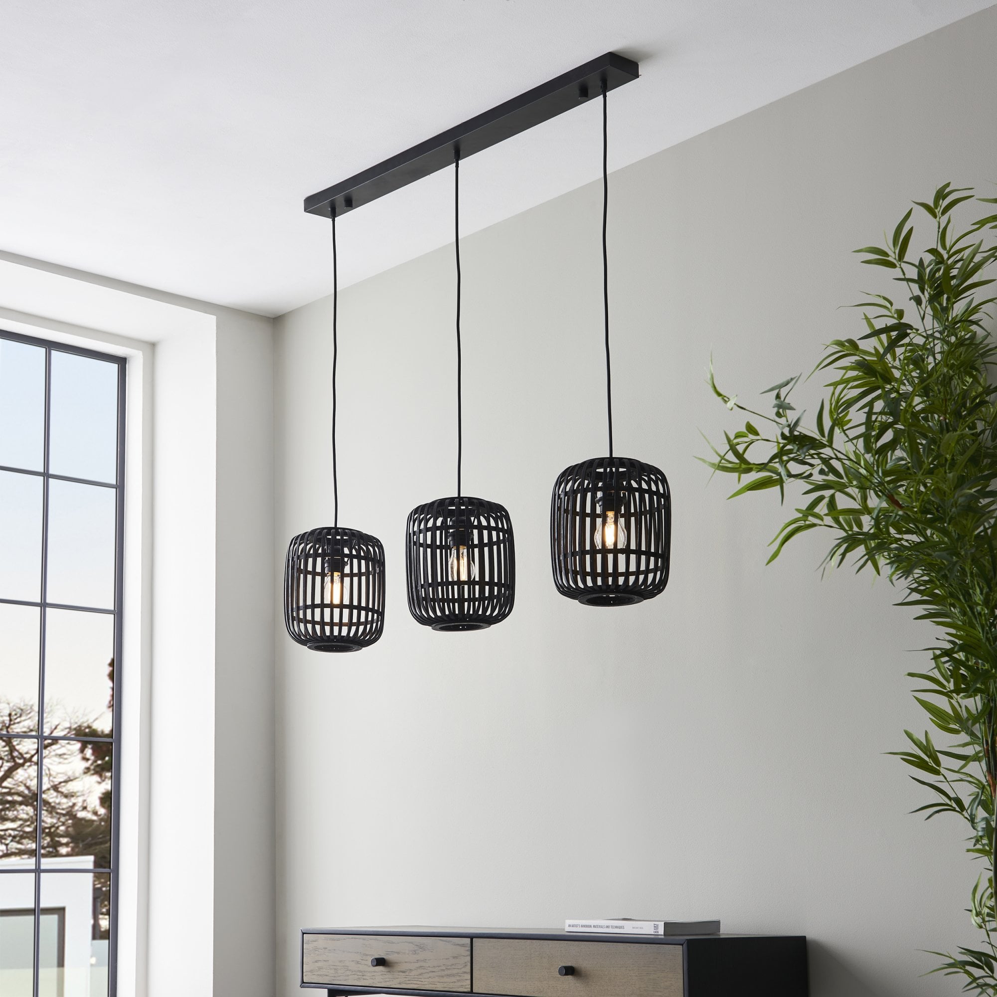 Mathias Linear Ceiling Pendant Light In Matt Black Finish With Dark Bamboo Shade 101698