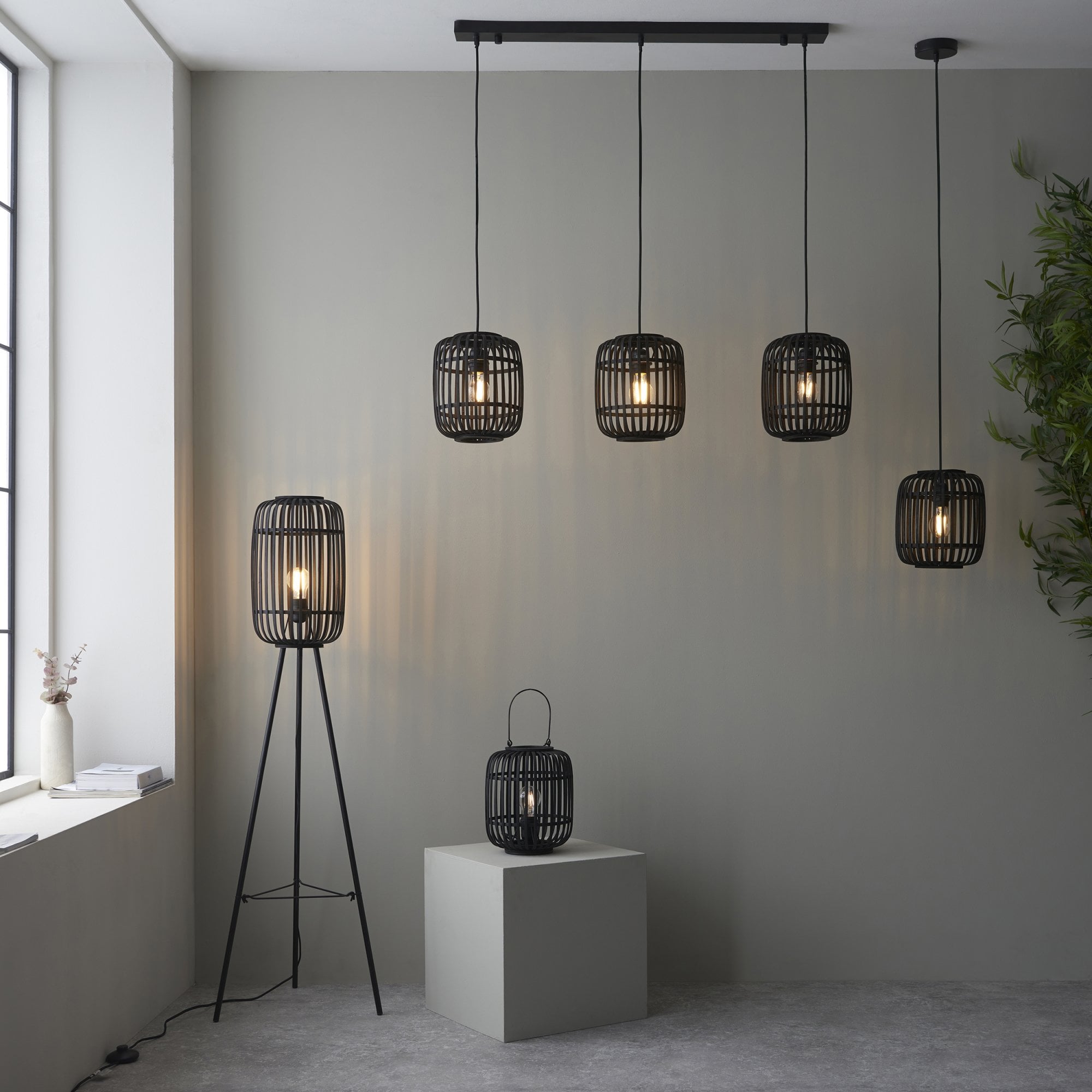 Mathias Linear Ceiling Pendant Light In Matt Black Finish With Dark Bamboo Shade 101698