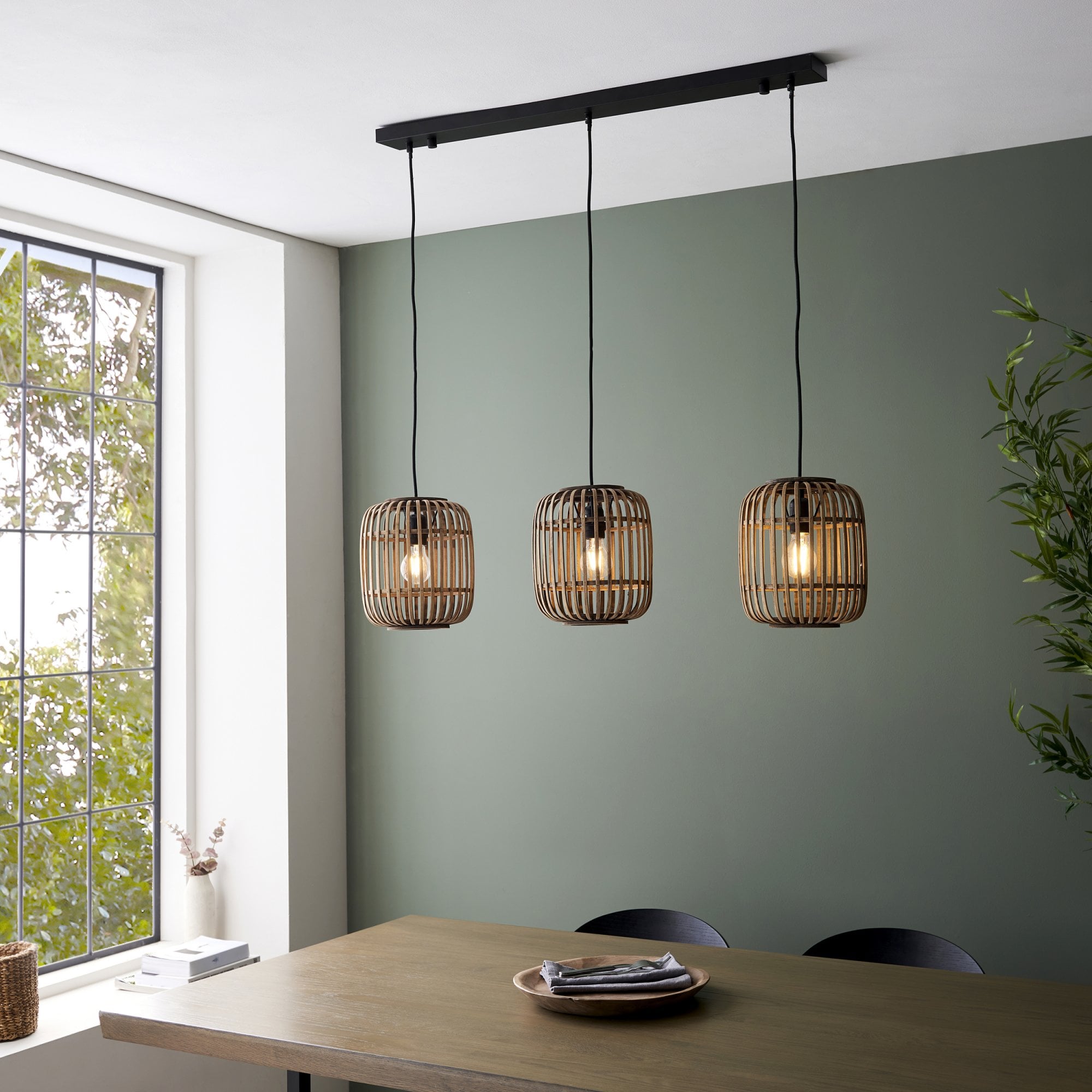 Mathias Linear Ceiling Pendant Light In Matt Black Finish With Light Bamboo Shade 101775