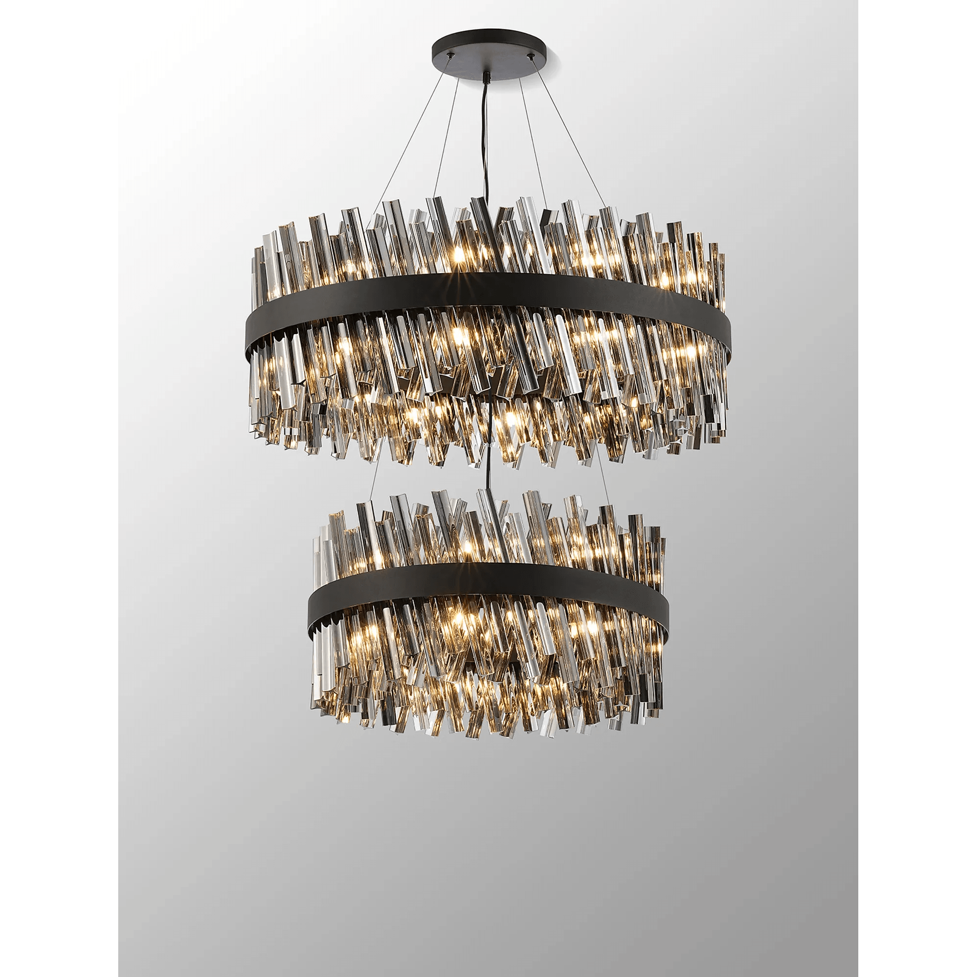 Hampton 2 Tier 42 Light Ceiling Pendant Light In Satin Black With Smoked Glass