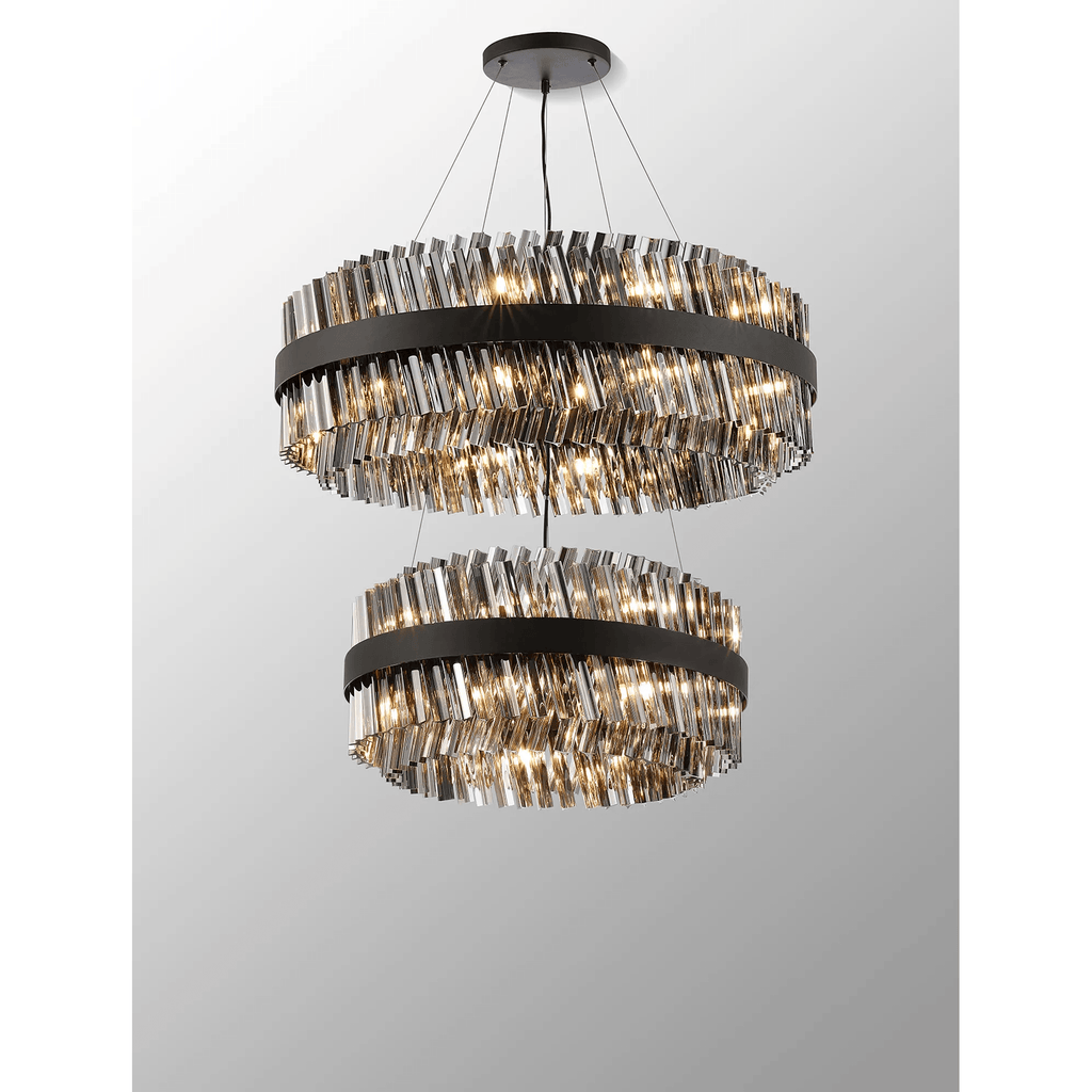 Hampton 2 Tier 42 Light Ceiling Pendant Light In Satin Black With Smoked Glass