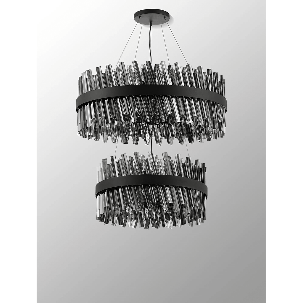 Hampton 2 Tier 42 Light Ceiling Pendant Light In Satin Black With Smoked Glass