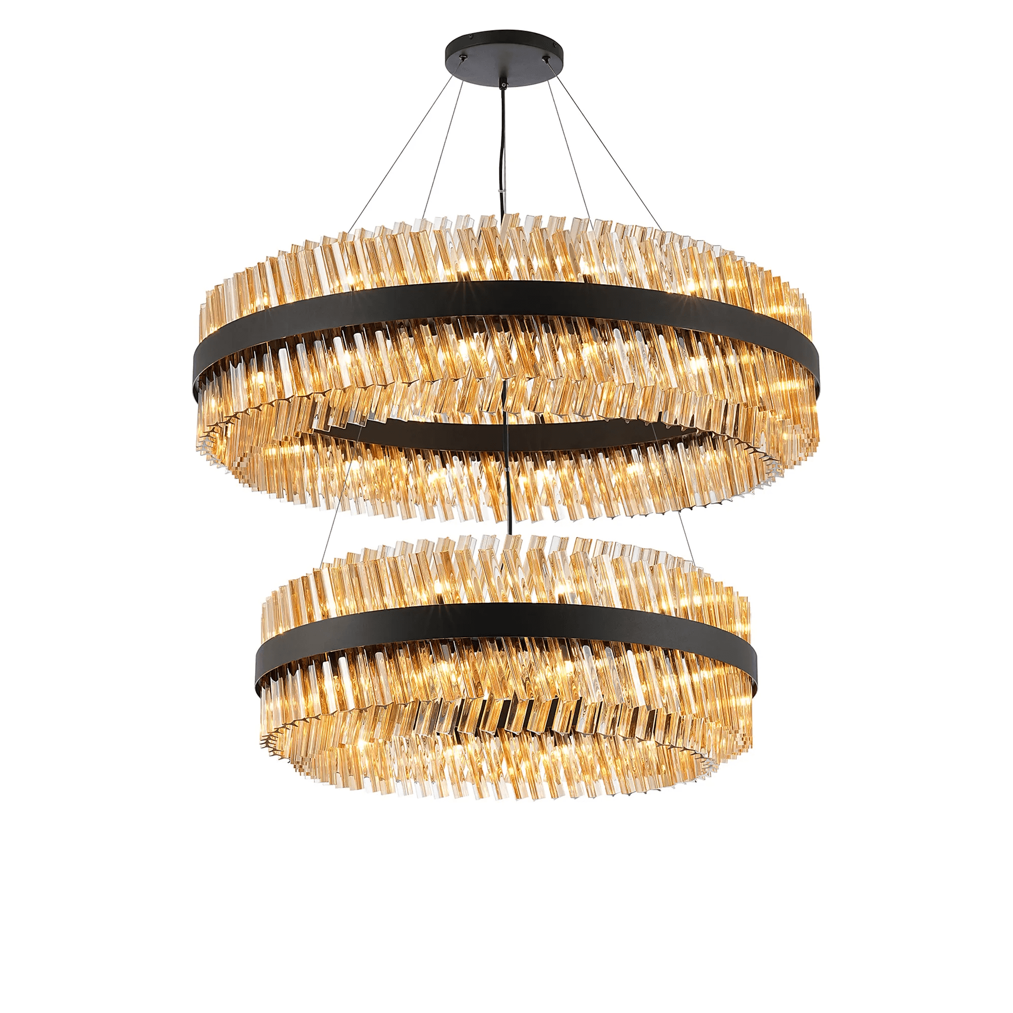 Hampton 2 Tier 56 Light Ceiling Pendant Light In Satin Black With Amber Glass