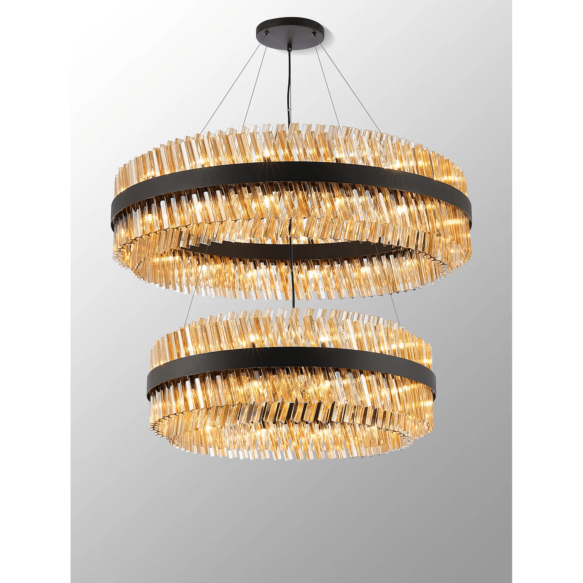 Hampton 2 Tier 56 Light Ceiling Pendant Light In Satin Black With Amber Glass