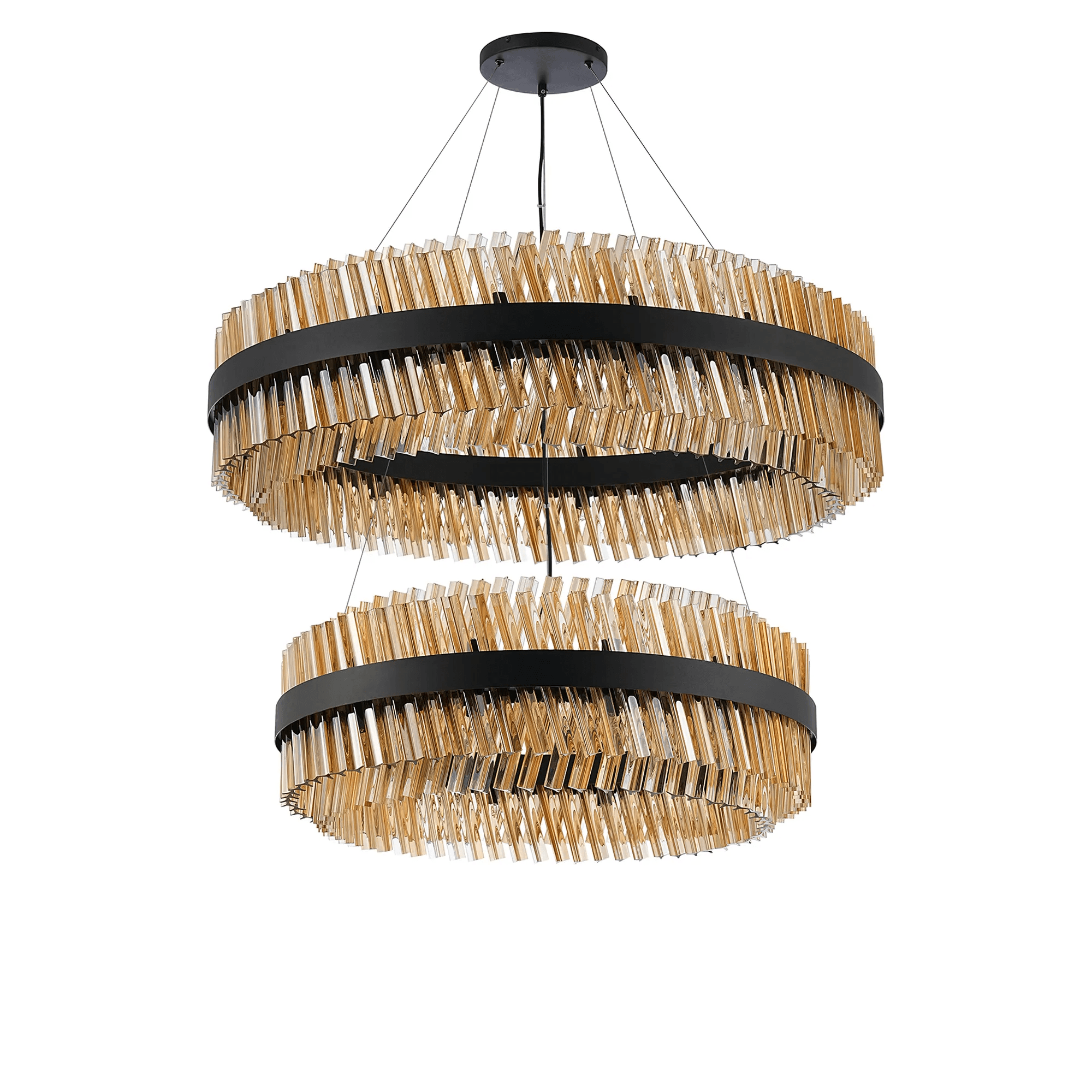 Hampton 2 Tier 56 Light Ceiling Pendant Light In Satin Black With Amber Glass