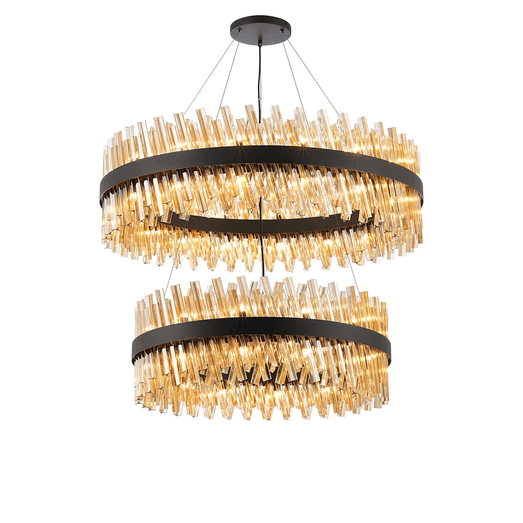 Hampton 2 Tier 56 Light Ceiling Pendant Light In Satin Black With Amber Glass