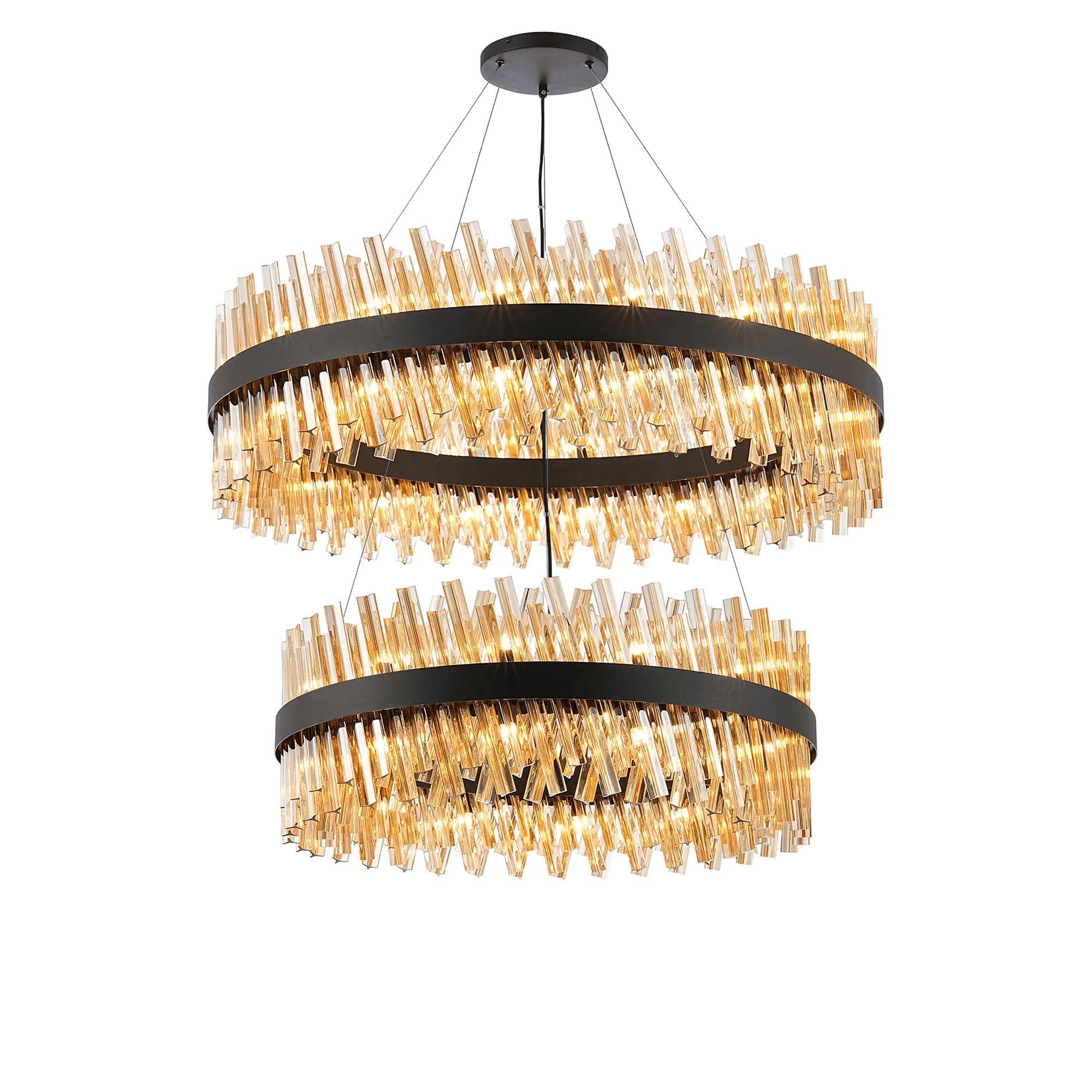 Hampton 2 Tier 56 Light Ceiling Pendant Light In Satin Black With Amber Glass