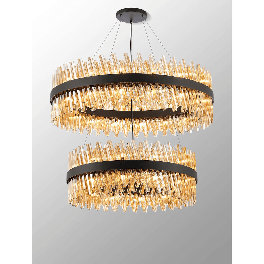Hampton 2 Tier 56 Light Ceiling Pendant Light In Satin Black With Amber Glass