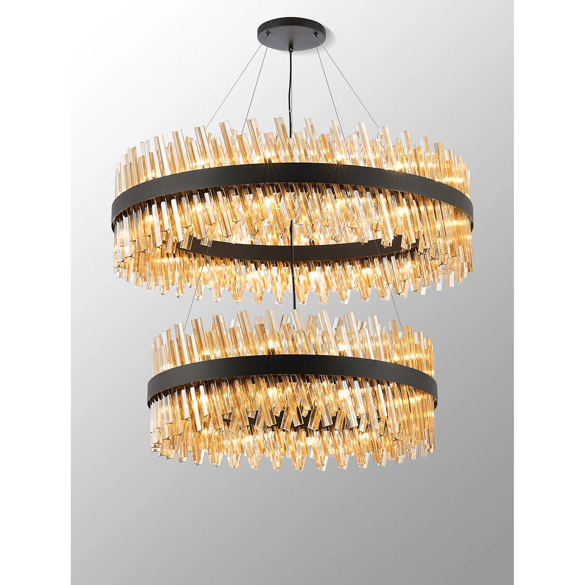 Hampton 2 Tier 56 Light Ceiling Pendant Light In Satin Black With Amber Glass