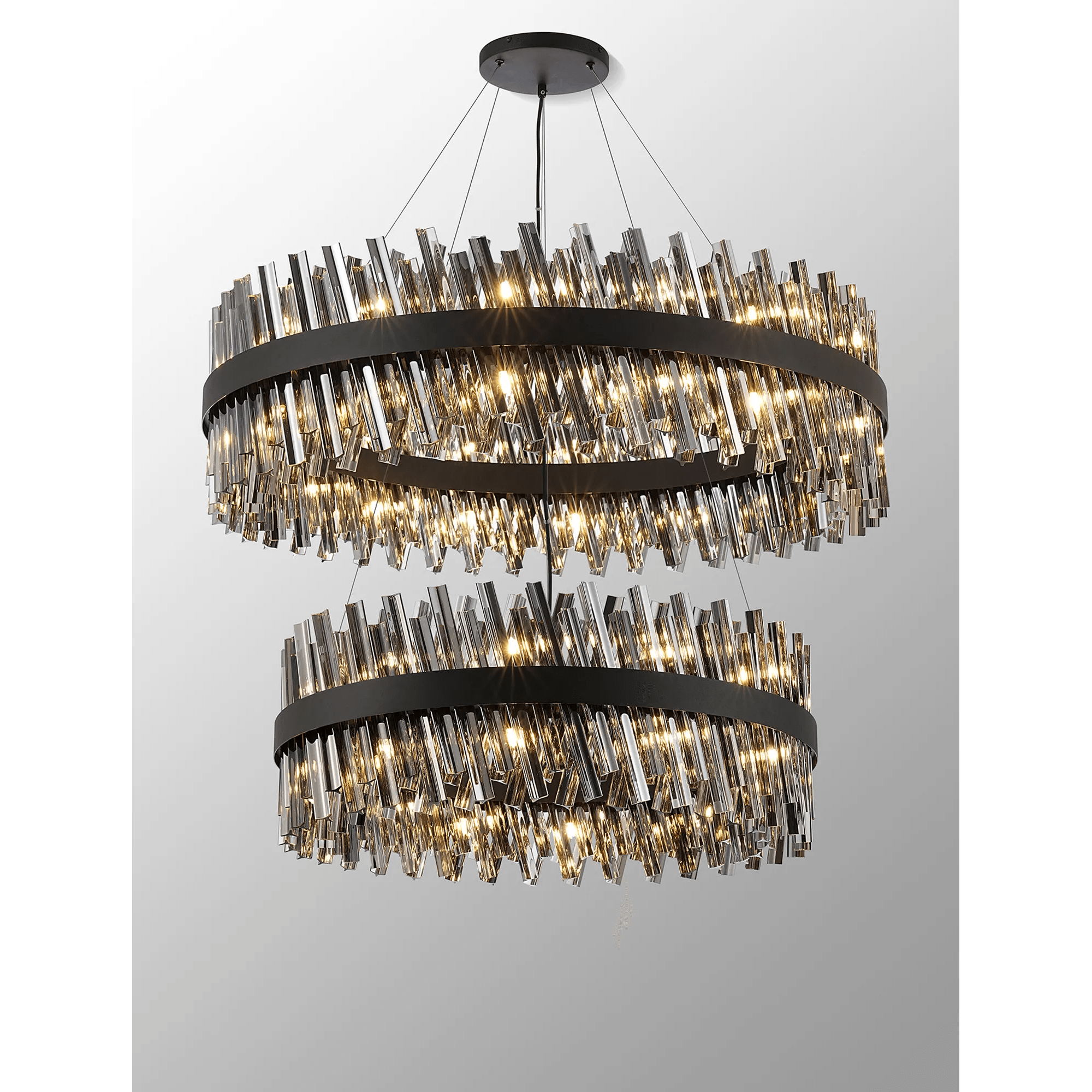 Hampton 2 Tier 56 Light Ceiling Pendant Light In Satin Black With Smoked Glass