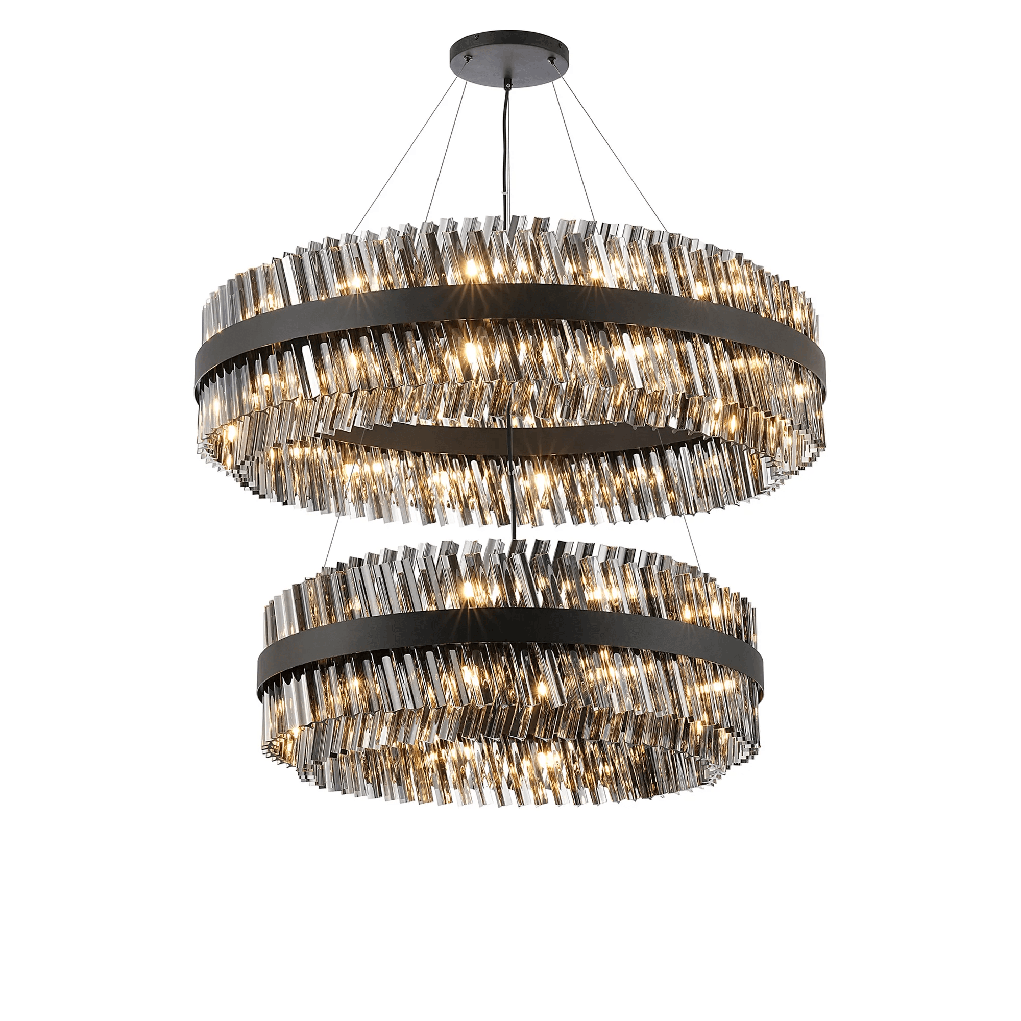 Hampton 2 Tier 56 Light Ceiling Pendant Light In Satin Black With Smoked Glass