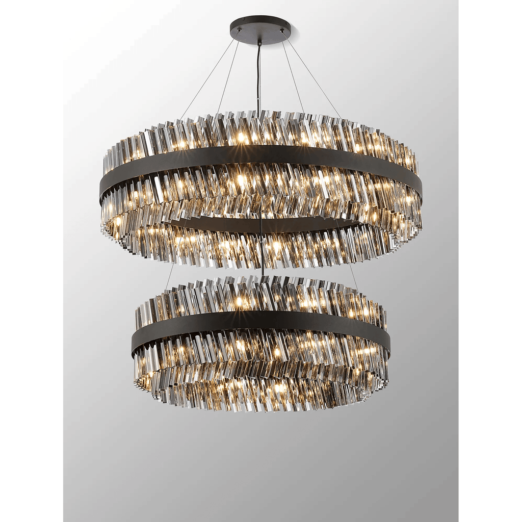 Hampton 2 Tier 56 Light Ceiling Pendant Light In Satin Black With Smoked Glass