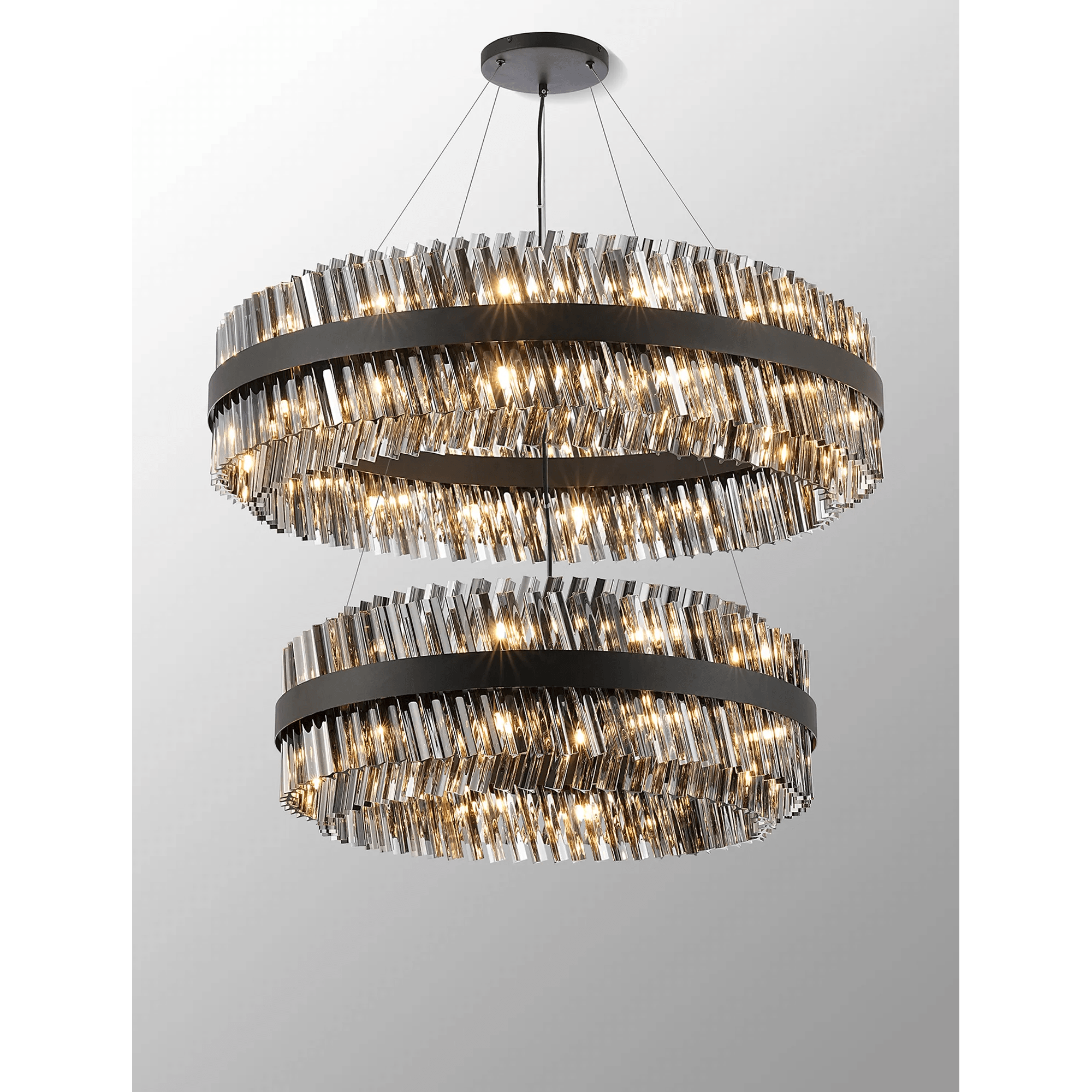 Hampton 2 Tier 56 Light Ceiling Pendant Light In Satin Black With Smoked Glass