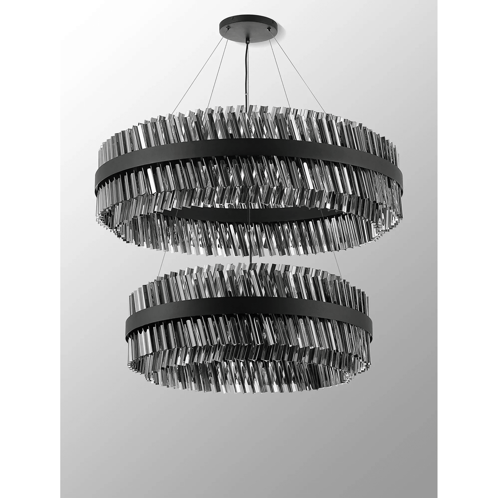Hampton 2 Tier 56 Light Ceiling Pendant Light In Satin Black With Smoked Glass