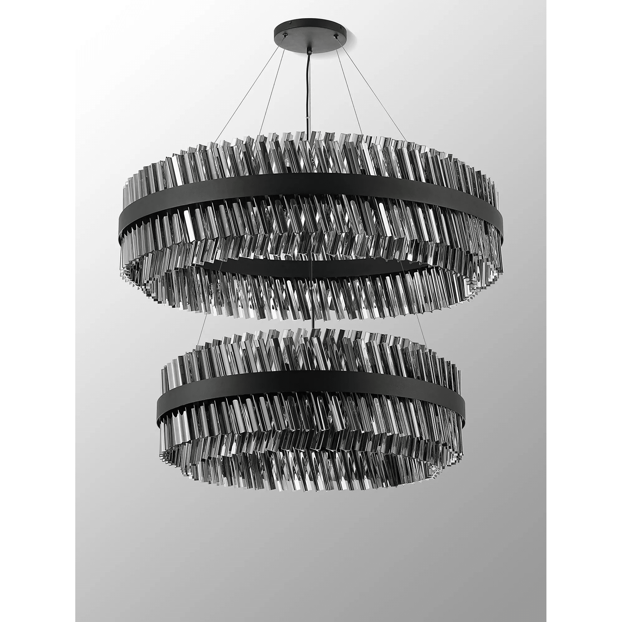 Hampton 2 Tier 56 Light Ceiling Pendant Light In Satin Black With Smoked Glass