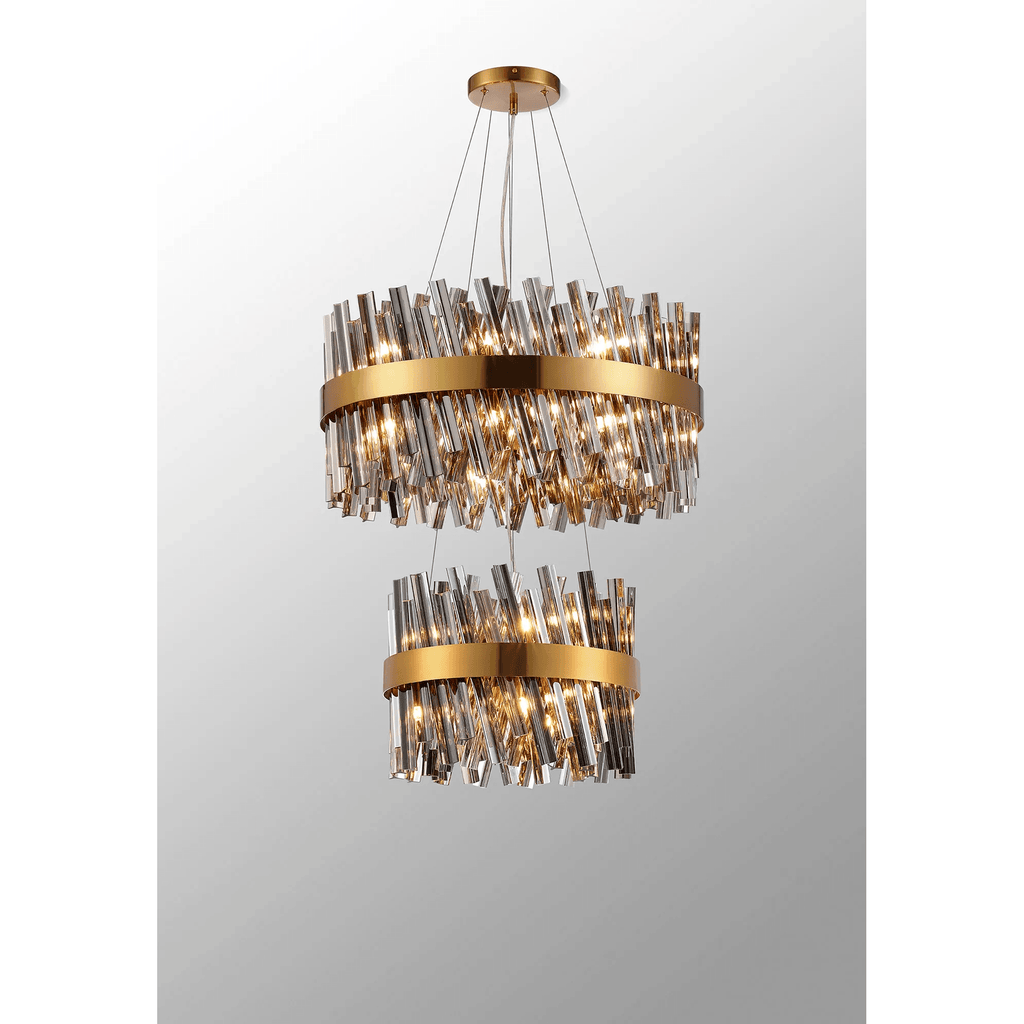 Hampton 2 Tier 28 Light Ceiling Pendant Light In Brass With Smoked Glass