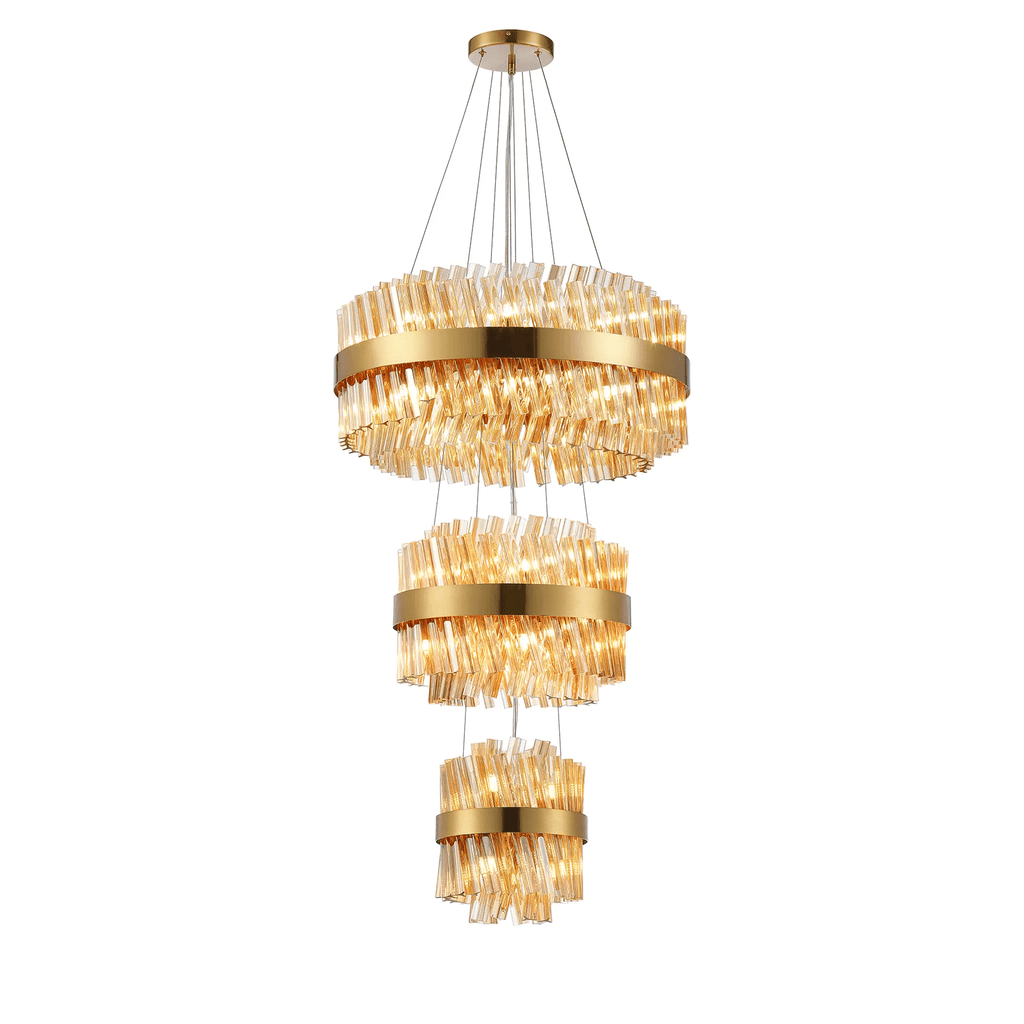 Hampton 3 Tier 34 Light Ceiling Pendant Light In Brass With Amber Glass