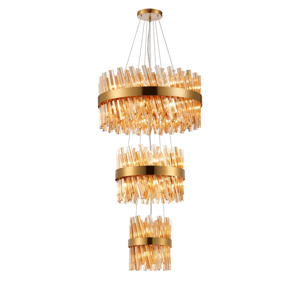 Hampton 3 Tier 34 Light Ceiling Pendant Light In Brass With Amber Glass