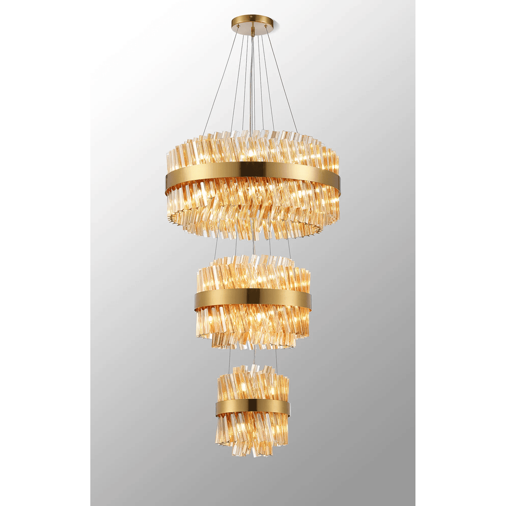 Hampton 3 Tier 34 Light Ceiling Pendant Light In Brass With Amber Glass