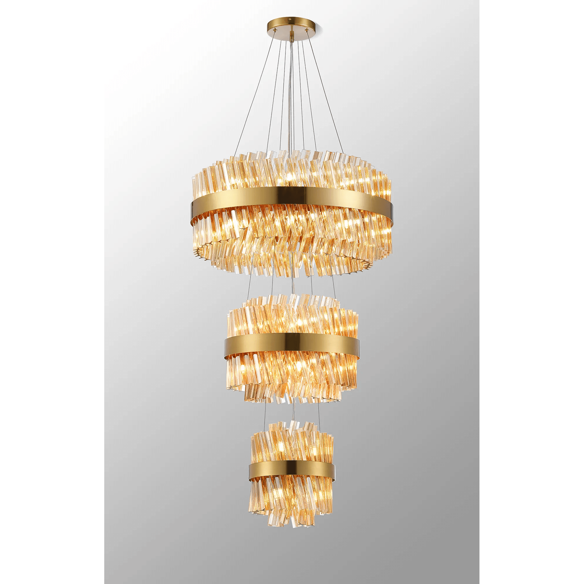 Hampton 3 Tier 34 Light Ceiling Pendant Light In Brass With Amber Glass