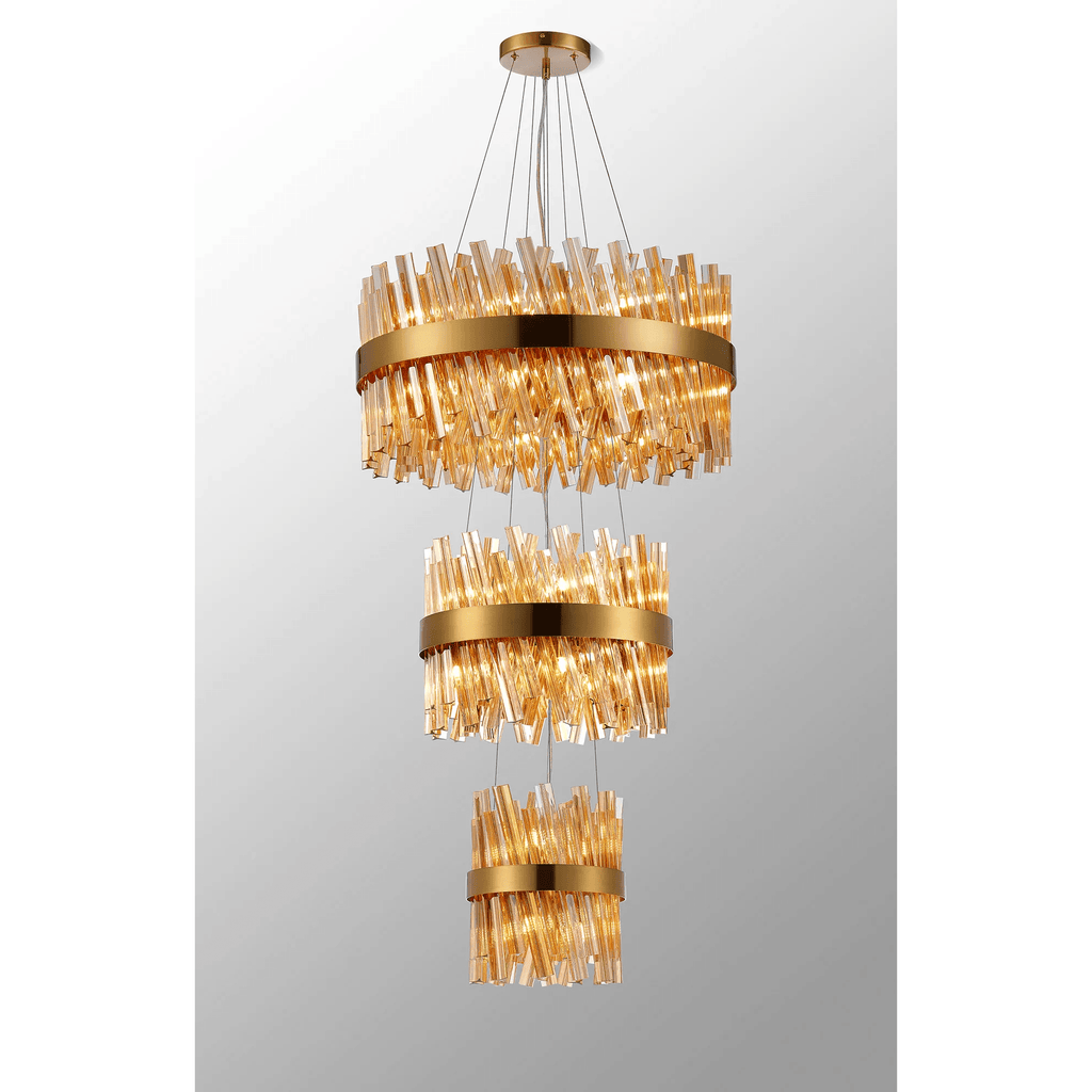 Hampton 3 Tier 34 Light Ceiling Pendant Light In Brass With Amber Glass