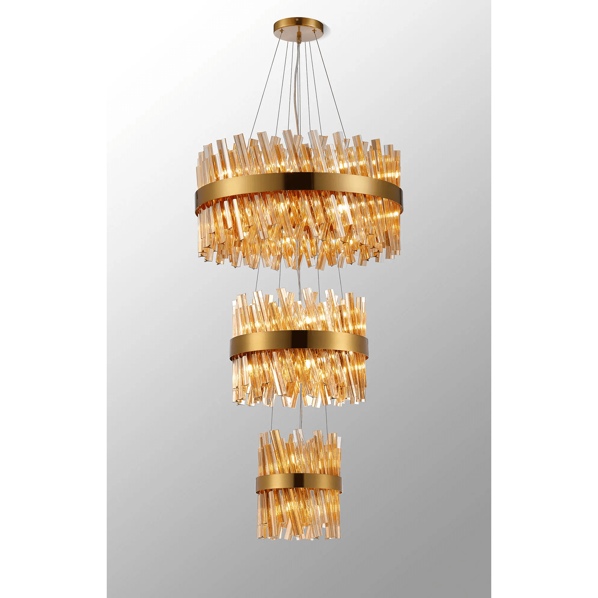 Hampton 3 Tier 34 Light Ceiling Pendant Light In Brass With Amber Glass