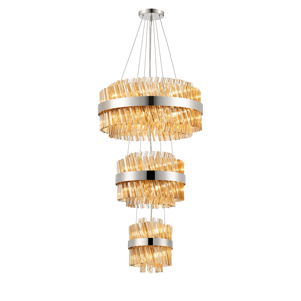 Hampton 3 Tier 34 Light Ceiling Pendant Light In Polished Nickel With Amber Glass