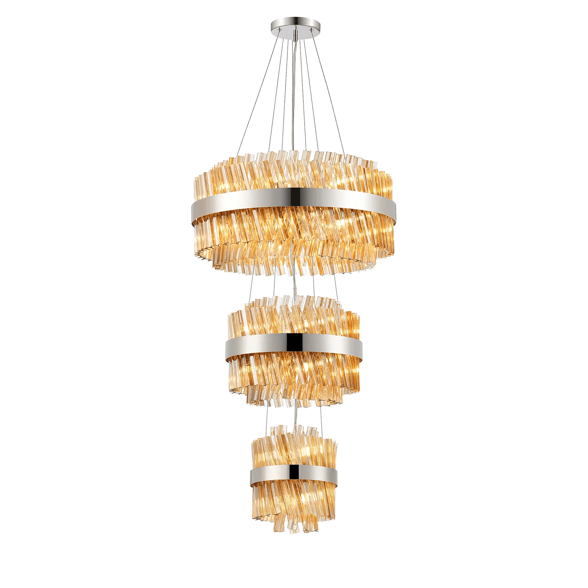 Hampton 3 Tier 34 Light Ceiling Pendant Light In Polished Nickel With Amber Glass