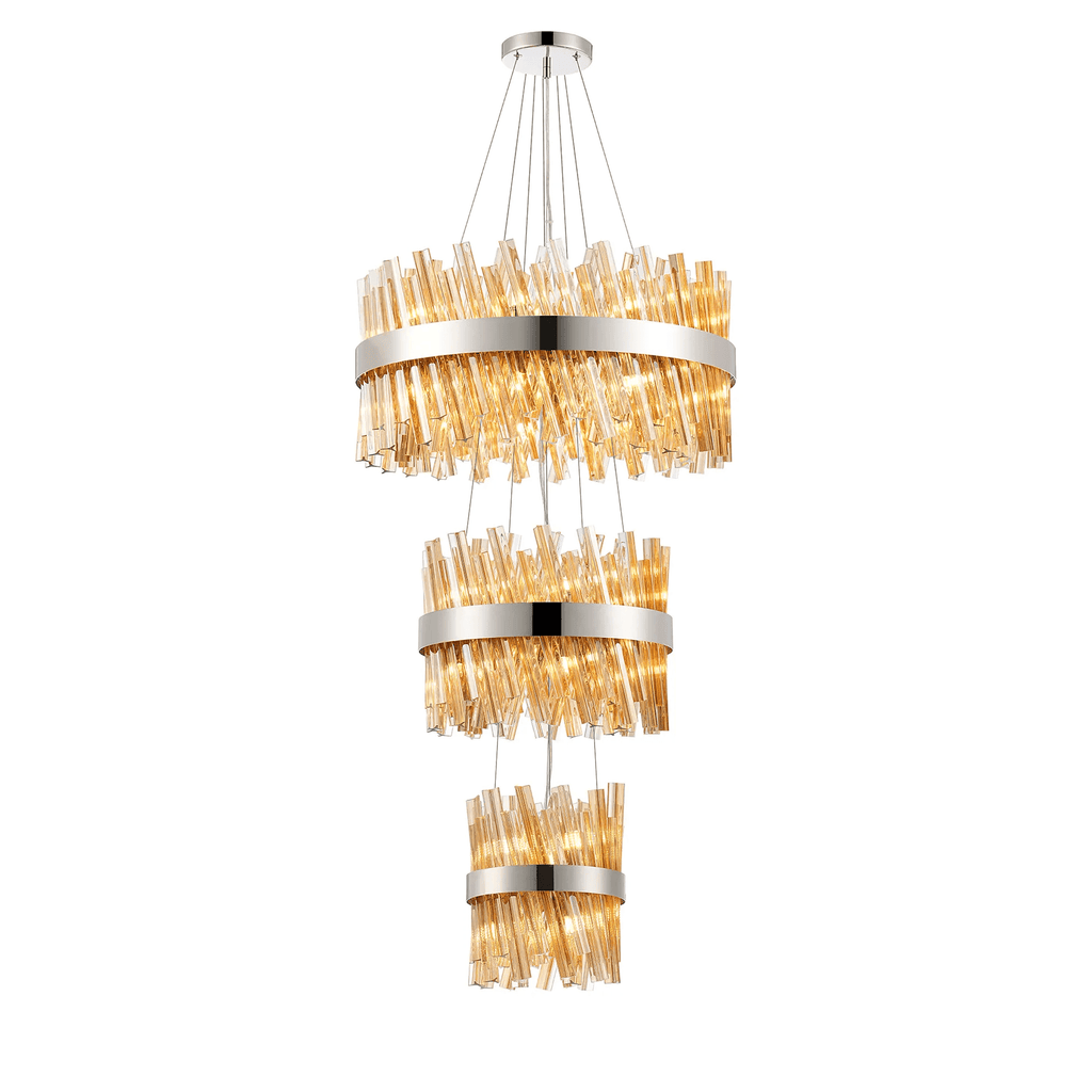 Hampton 3 Tier 34 Light Ceiling Pendant Light In Polished Nickel With Amber Glass